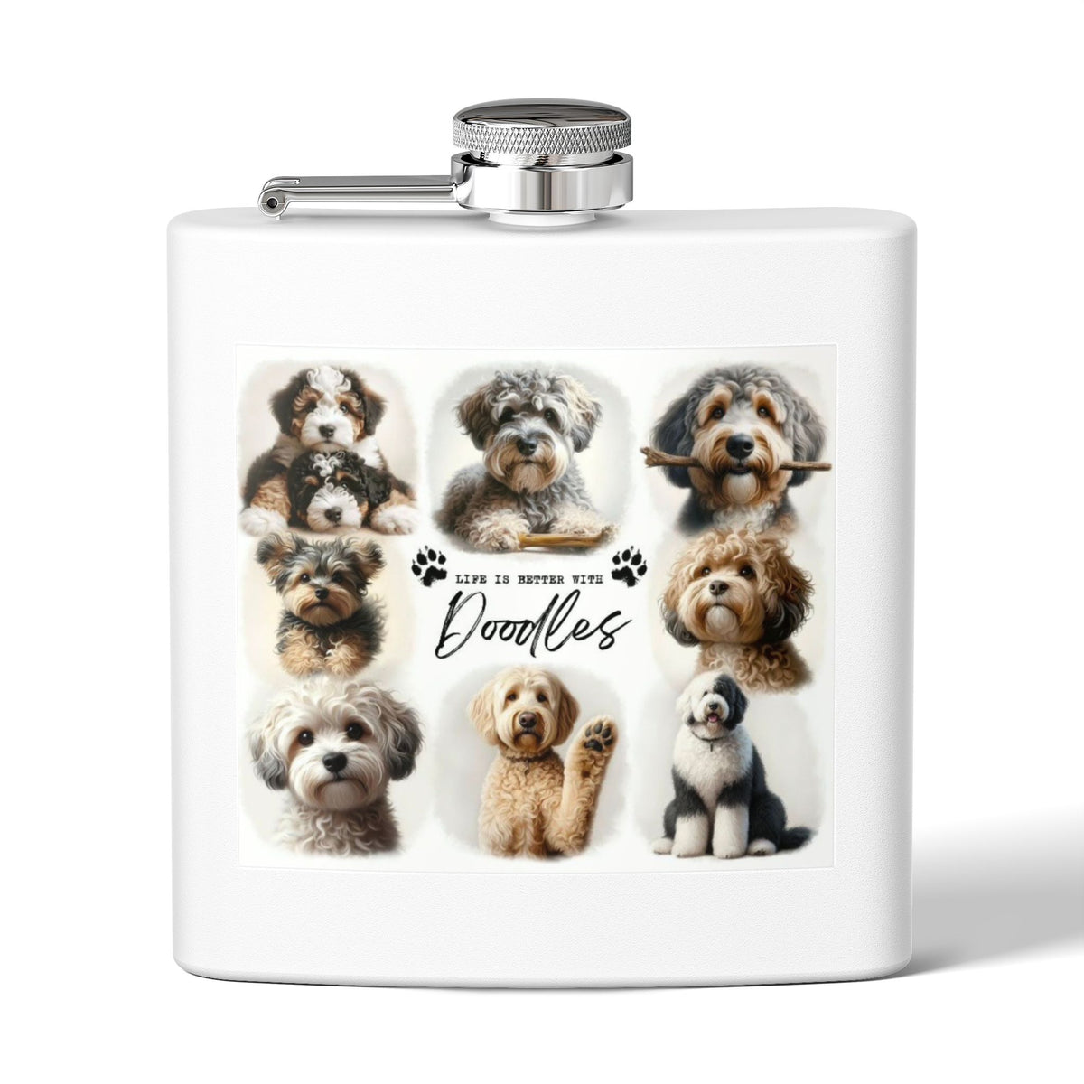Doodles Collage 6oz Stainless Steel Flask – Cute Dog Portrait Hip Flask for Pet Lovers, Gift for Doodle Owners