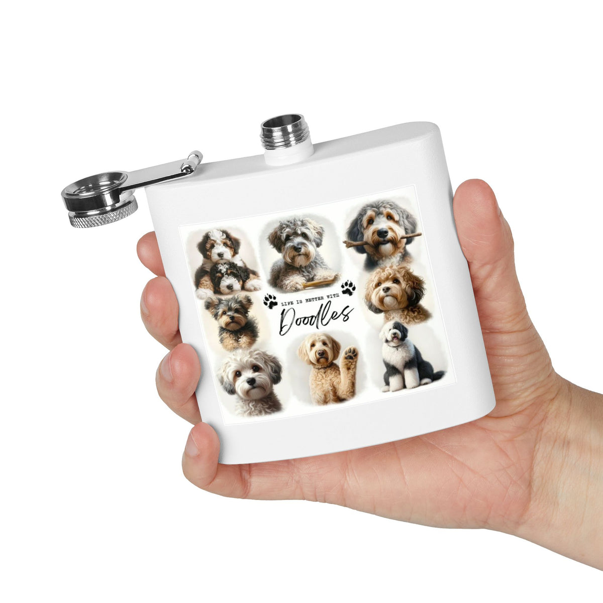 Doodles Collage 6oz Stainless Steel Flask – Cute Dog Portrait Hip Flask for Pet Lovers, Gift for Doodle Owners